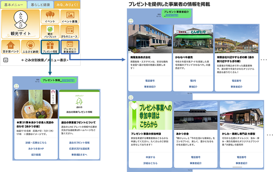 「みな、みりょく！」リッチメニューからアクセスできる「プレゼント情報」と「プレゼント事業者紹介」