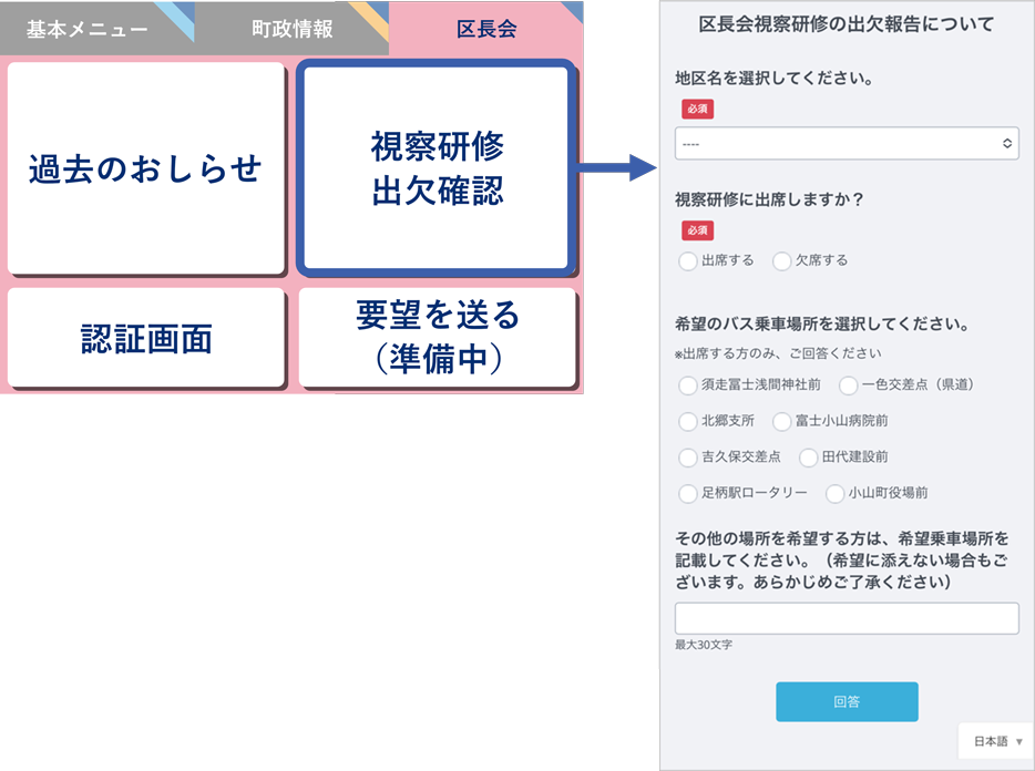 区長専用リッチメニュー（「出欠確認」をタップするとアンケートが起動）